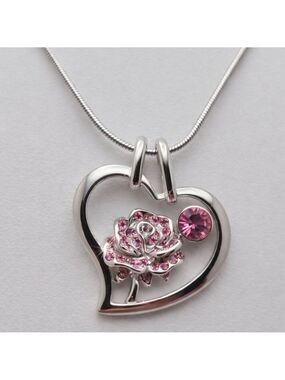 Disney Beauty and the Beast Rose Necklace Rose and Heart Silver-Tone